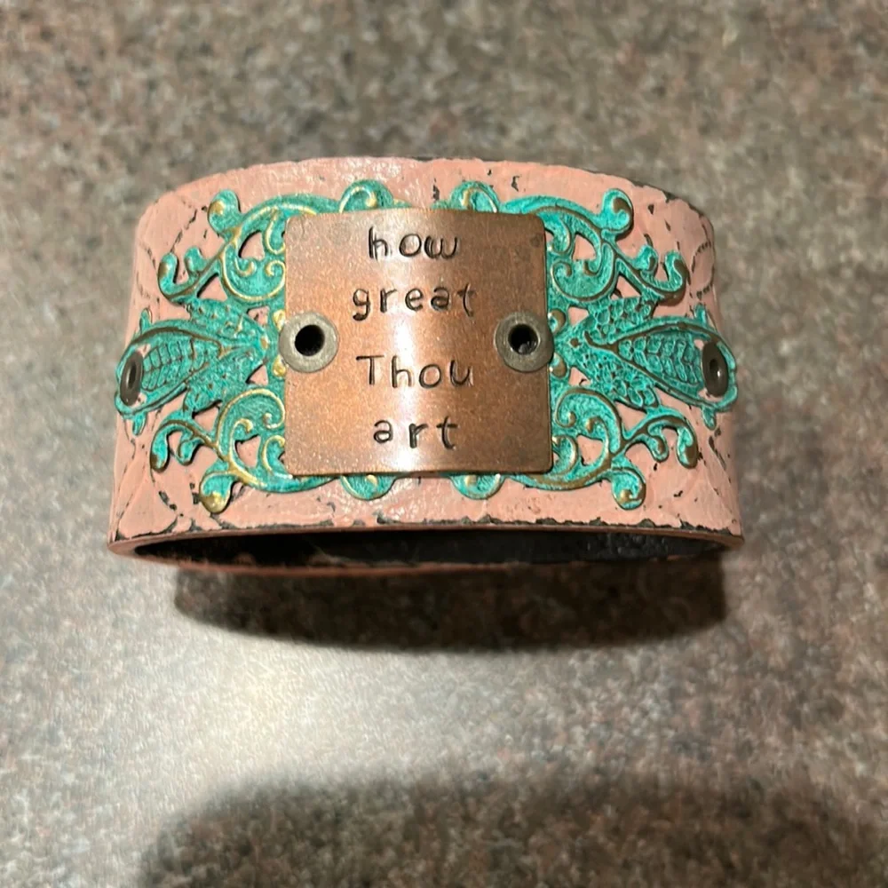 How Great Thou Art Pink Leather Cuff Bracelet with Turquoise Accent